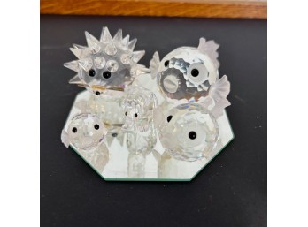 Five Small Swarvoski Crystal Figurines 'South Sea' Collection, Hedgehog And An Elephant On Small Mirror (LR)