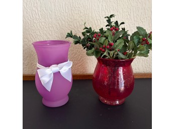 One Red Glass Vase With Artificial Holly Berry And Pink Vase With White Bow (LR)