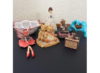 Small Seven Pieces Mixed Lot-Ceramic Basket Dish With Handle, Fairy Doll And Bear Figurines (LR)