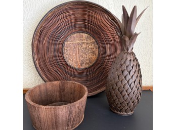 Crabtree And Evelyn Walnut Wood Bowl, Coiled Basket With Metal Pineapple Sculpture (LR)