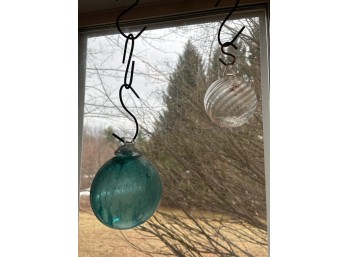 Two Hand Blown Glass Witch Balls, Blue And Clear (BSMT)