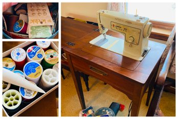 Vintage Singer Sewing Machine With Table & Sewing Supplies (Upstairs Bedroom On Right)