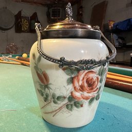 Antique Painted Milk Glass Cracker Jar With Silver Plate Frame (Basement 1)