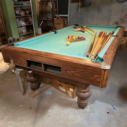 Vintage Pool Table With Pool Cues, Balls, Racks, And Accessories - See Description (Basement 1)