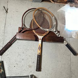 Trio Of Vintage Racquets & Wooden Shelf (Basement 1)