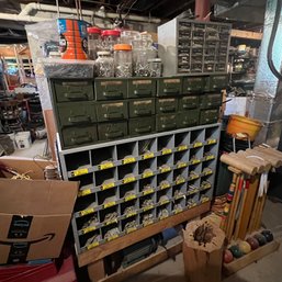 Two Vintage Metal Drawer Storage Units With Contents And Stand (basement)