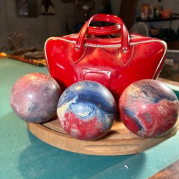 Awesome Vintage Red Bowling Bag With Three Candlepin Bowling Balls & Vintage Bowling Towels (Basement 1)
