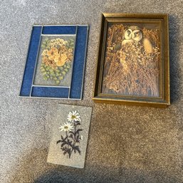 Trio Of Floral Glass Wall Decor Pieces Including Unique Shadowbox With Owl (BR Right)