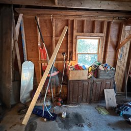 Picker's Lot Including Vintage Hayward Farms Crate, Skis, Wooden Cabinets, And More (Garage)