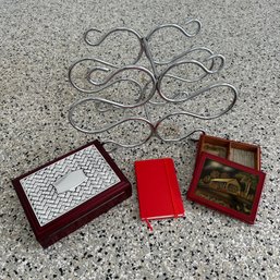 Vintage Boxes, Moleskine Notebook, & Metal Wine Rack