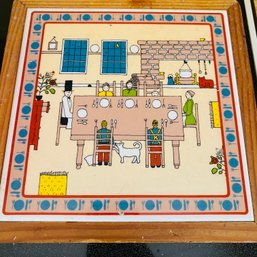 Cute! Hot Plate Holder With Family Cartoon Image Sitting Around Table With Pets Nearby! (Kitchen)