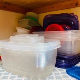 Lot Of Plastic Containers & Misc. Baking Items (Kitchen Cabinet Top Section, Left Of Sink)