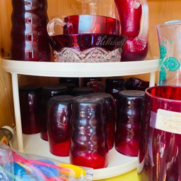 Pretty Ruby Red Glasses & Dishes (Kitchen In Bottom Cabinet Near Table  On Counter)