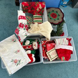 Large Christmas Lot Including Vintage Linens, Yankee Candles, Ornaments, & More! (BlueBR)