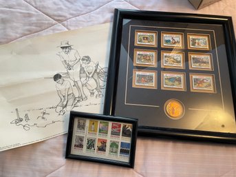 Lot Of Framed Stamp Collections - Winnie The Pooh & WPA Plus A Rockefeller Pencil Drawing (BlueBR)