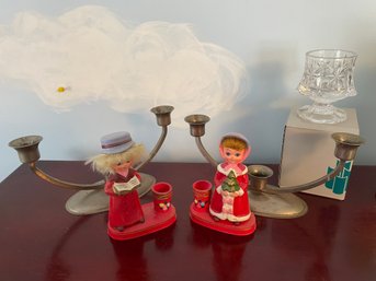 Candle Stick Lot - Vintage 1950's Set MCM Set & Single Cut Glass Votive Holder (BlueBR)