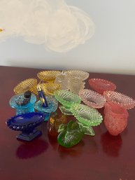 Large Colorful Lot Of Hobnail Glass Salt Cellars & Mini Dishes/Perfumes Collection (BlueBR)