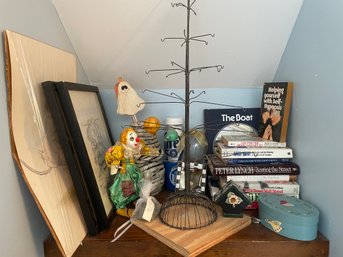Random Shelf Lot - Books - Drawings - Crafts - Paper Mache Clown -Clay Vase - Books (BlueBR)