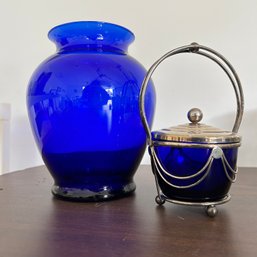 Cobalt Blue Glass & Silverplate Dish & Vase (garage)