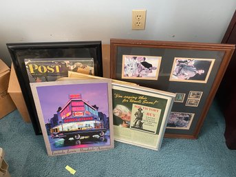 Norman Rockwell Framed Stamp Art & WW2 Post Framed Magazine & More (BlueBR)