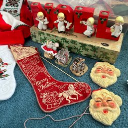 WOW - Vintage Christmas Lot Incl. Napco NOEL Angel Candleholders, Stenciled Stocking, Ceramic Santas (BlueBR)