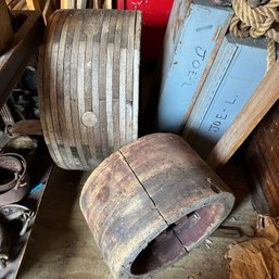 Pair Of Antique Flat Belt Wooden Pulley Pieces (Shed)