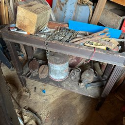 Small Wooden Shelf/Side Table With Contents Incl. Wooden Pulleys, Chains, & More (Shed)