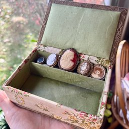 Three Vintage Cameo Brooches, Two Marked Gold, With Two Portrait Pins And Jewelry Box