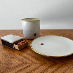 Vintage Ladybug Limoges Miniature Matchbox, Trinket Dish And Cup (garage)