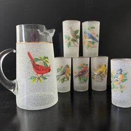 MCM Virginia Frosted & Textured Bird Themed Pitcher & 6 Glass Set (WK)
