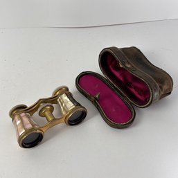 Vintage La Belle Paris Gold-toned Metal Opera/theater Binoculars With Pearlescent Inlay, And Case (MR)