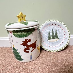 Pair Of Christmas Themed Ceramic Cookie Jar & Dish (BSMT2)