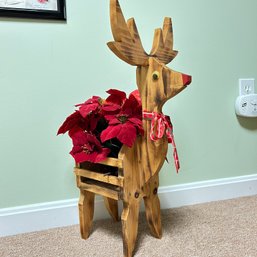 Cute Wooden Reindeer Decoration With Faux Poinsetta Leaves (BSMT2)