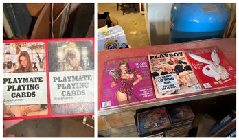Three Vintage Playboy Magazines And Playboy Playmate Playing Cards (Basement 1)