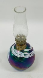 Small Opalescence Swirl Globe Art Glass Oil Lamp