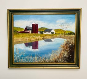 Large Oil On Canvas Farm Landscape Signed