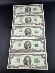 5 2017-A UNC $2.00 Bills In Numeric Order