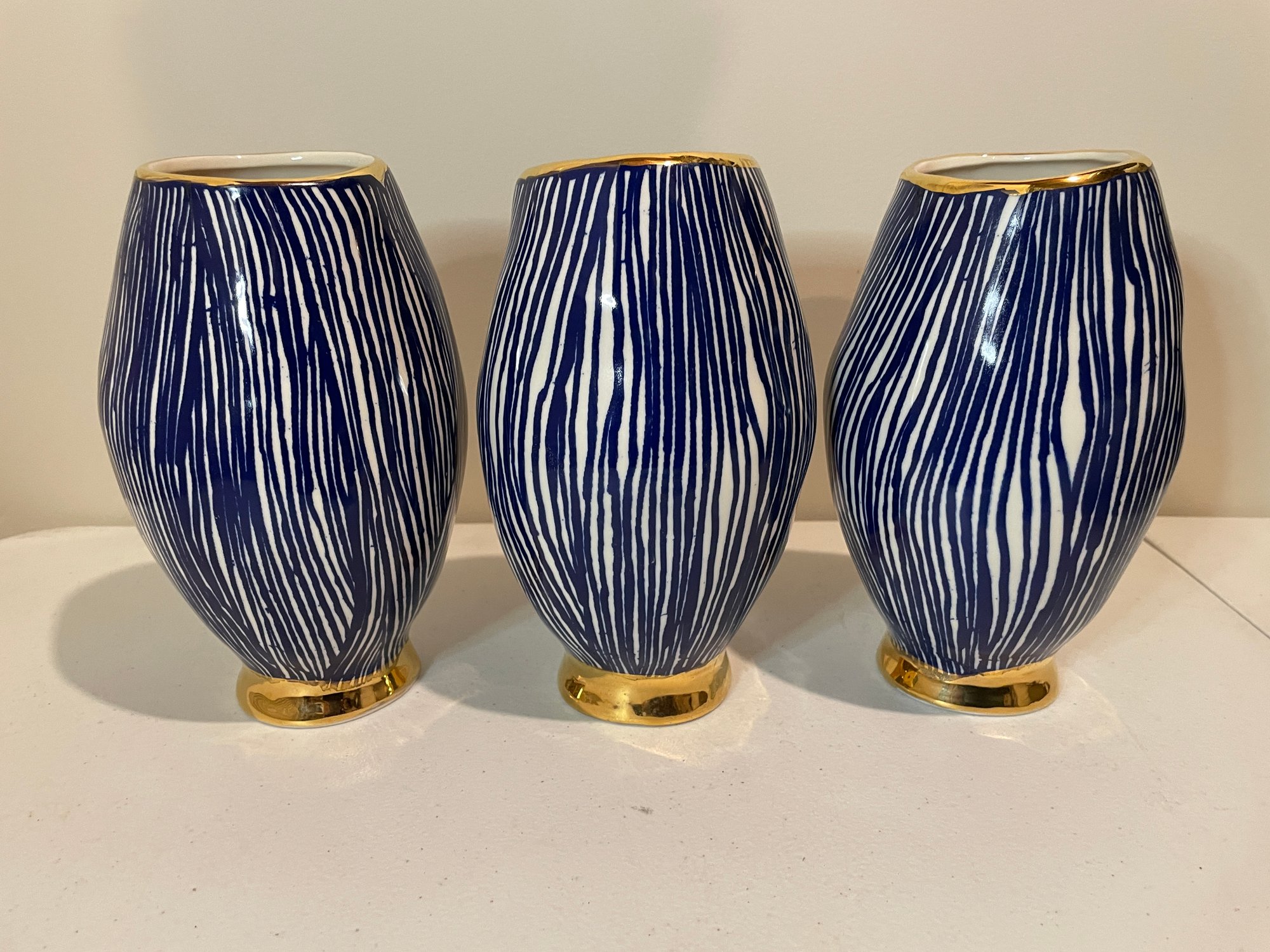 3 PC RUAN HOFFMAN GLAZED BLUE STRIPED GOLD RIMMED VASES FOR ...