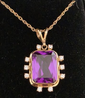 14K Yellow Gold Vintage Italian Amethyst & Diamond Pendant Necklace