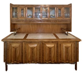 Mid-Century Modern J.L. Metz 'Contempora' Cherry, Burlwood, And Travertine Credenza With Hutch