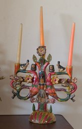 Vintage Mexican Folk Art 'Tree Of Life' ('Arbol De La Vida') Clay Candelabra