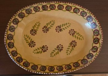 Vintage Mexican Terracotta Platter With A Hand-painted Botanical Design