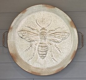 Galvanized Metal Tray With A Distressed White Finish And A Raised Embossed Bee Motif