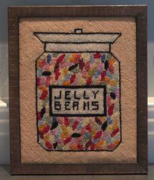 Vintage Framed Completed Jelly Beans Jar Cross-Stitch Wall Art