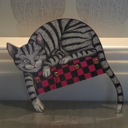 Vintage 1986 Susan Feves Hand Painted Wooden Cat Key Holder Wall Hooks – 80s Folk Art