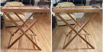 Pair Of  Vintage Mid-Century Modern Solid Teak Slatted Folding Butler Tray Table