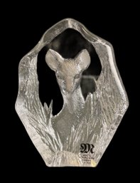 MATS JONASSON SWEDEN ETCHED CRYSTAL DEER PAPERWEIGHT