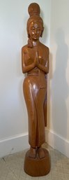 Vintage Hand-Carved Thai Sawasdee Lady Teak Wood Welcoming Statue