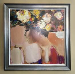 Signed And Framed Painting Titled 'Youth' Featuring An Impressionistic Portrait Of A Person With Flowers