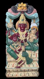 South Indian Hand-carved And Polychromed Wooden Sculpture Depicting The Divine Couple Lakshmi-Narayana